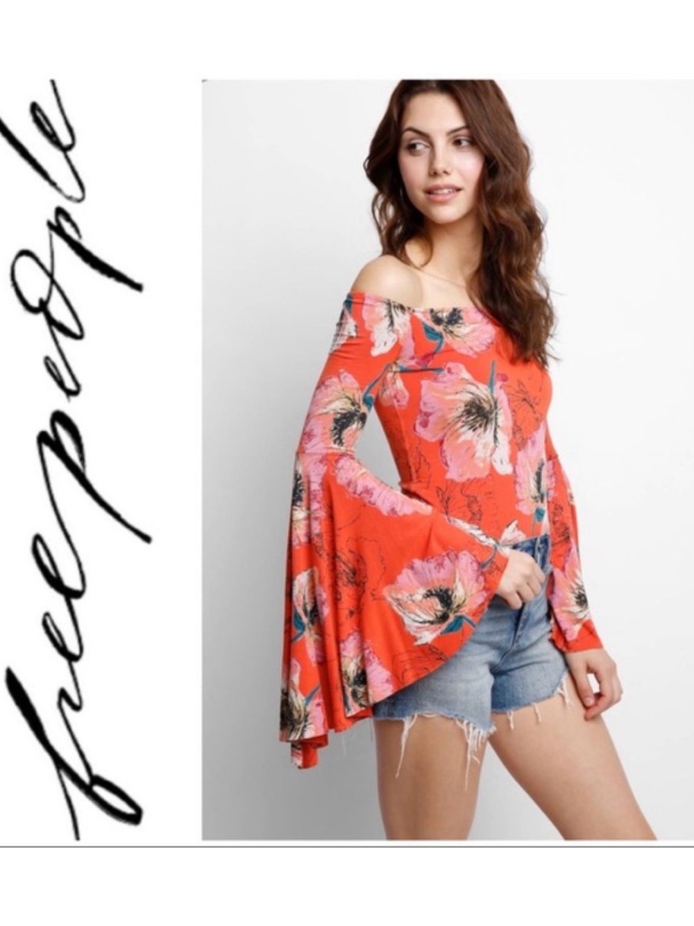 Free People Coral Floral Off-Shoulder Bell-Sleeve Top Size Medium